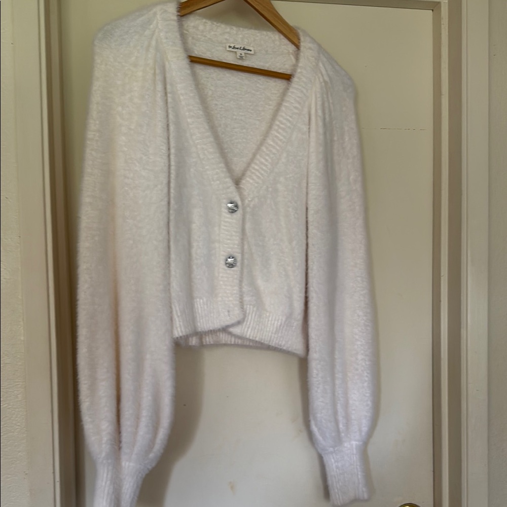 For Love And Lemons White Cropped Cardigan with Balloon Sleeves